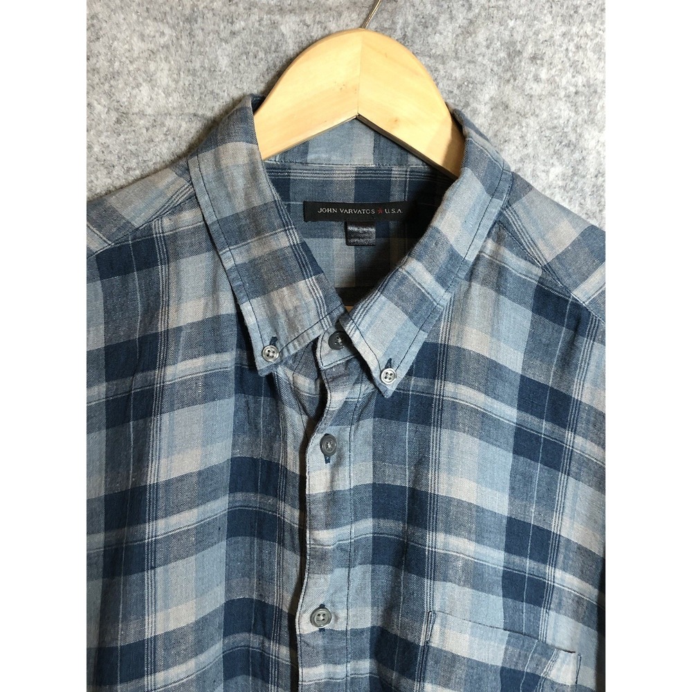 John Varvatos Shirt Mens Large Blue Gray Check 100% Linen Career Casual Classic